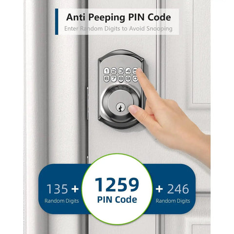 Heavy Duty Keyless Entry Deadbolt With Keypad For Front Door Lock Featuring Hidden Passcode And 20 User Pins In Sleek Satin Nickel Finish, showing keypad with anti-peeping feature.