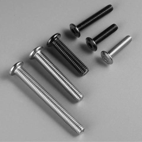 Heavy Duty M6 Flat Head Hex Socket Cap Screws And Bolts 10 Piece Set With Hex Key 304 Stainless Steel in silver and black colors.