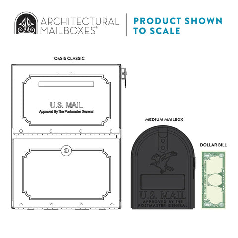 Scale comparison showing Oasis Classic Large High Security Parcel Mailbox beside medium mailbox and dollar bill