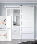 36 By 84 Inch White Sliding Barn Door With 6.6 Foot Brushed Nickel Hardware Kit And Handle, 5 Panel, installed in room