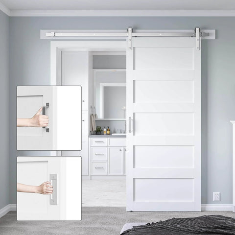 36 By 84 Inch White Sliding Barn Door With 6.6 Foot Brushed Nickel Hardware Kit And Handle, 5 Panel, installed in room