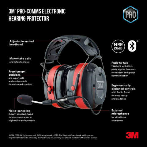Wireless Electronic Hearing Protector With Bluetooth Technology And External Noise Canceling Boom Mic For Clear Team Communication In Noisy Environments NRR 26 dB Premium Gel Cushions Push To Talk App For Fast Group Chat showcasing red ear cups with boom mic.