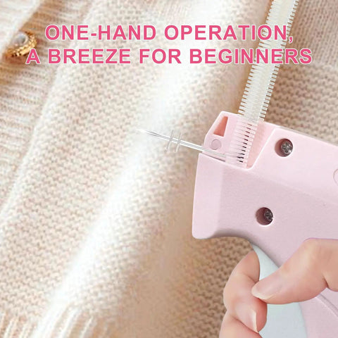 Handheld Stitch Gun For No Sweat Wardrobe Rescue Hella Fast Clothing Fixer showing one-hand operation with fine needle.