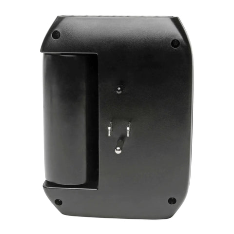 Back view of Six Outlet Pivoting Surge Protector Power Strip with Wall Mount Capability, Black Finish, wall-mount prongs visible.