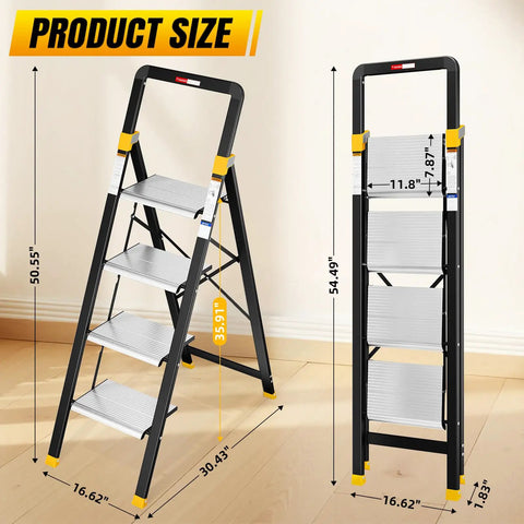 Aluminum 4 Step Folding Ladder For Home And Kitchen Portable Space Saving Step Stool With Wide Anti Slip Steps Lightweight 14 Pounds Folds To 55 By 17 By 1.8 Inches For Easy Storage And Safe Everyday Use. front and folded view with dimensions