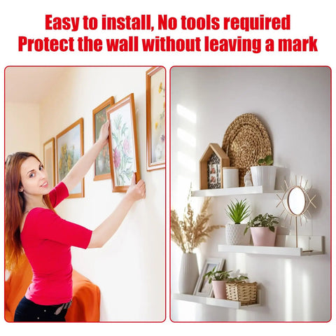 Person using heavy duty double sided tape with waterproof adhesive to hang pictures, showing protective and mark-free installation.