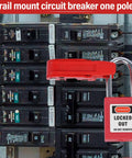 Lockout Tagout Circuit Breaker Lock for Standard Single and Double Toggles Pack of 12 Heavy Duty Pro Grade Durable Polypropylene and Nylon for 12mm or Smaller Toggle Bars red breaker lock on panel
