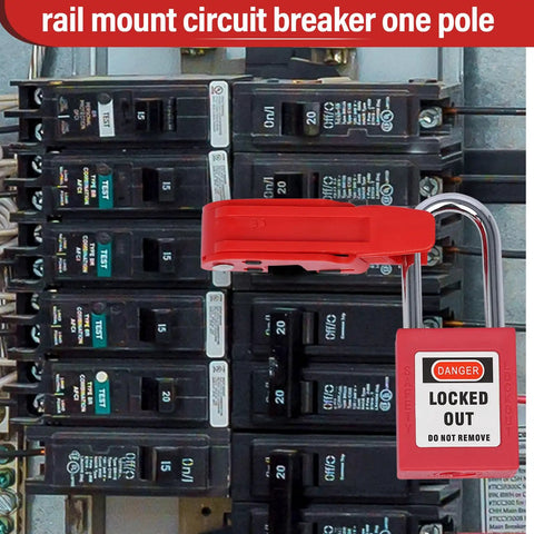 Lockout Tagout Circuit Breaker Lock for Standard Single and Double Toggles Pack of 12 Heavy Duty Pro Grade Durable Polypropylene and Nylon for 12mm or Smaller Toggle Bars red breaker lock on panel