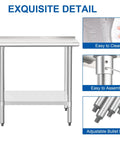 Built Tough Stainless Steel Commercial Work Table 14x30 Inches With Undershelf And 2 Inch Backsplash Heavy Duty NSF 430 Kitchen Prep Station For Restaurants And Food Service shown with assembly and cleaning features