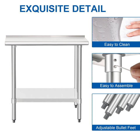 Built Tough Stainless Steel Commercial Work Table 14x30 Inches With Undershelf And 2 Inch Backsplash Heavy Duty NSF 430 Kitchen Prep Station For Restaurants And Food Service shown with assembly and cleaning features