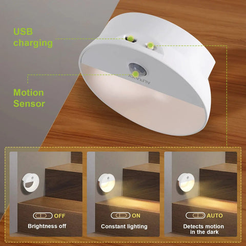 Usb Rechargeable Night Light With Motion Sensor Easy Install LED Warm White Magnetic Stick On Hallway Light 3 Pack shown with features