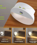 "Rechargeable Battery Night Light With Motion Sensor showing USB charging and brightness modes on stairs"