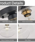 Semi Flush Mount Ceiling Light With Matte Black Finish And 8.66 Inch Clear Hand Blown Glass Shade, Brass Accent Socket