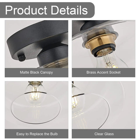 Semi Flush Mount Ceiling Light With Matte Black Finish And 8.66 Inch Clear Hand Blown Glass Shade, Brass Accent Socket