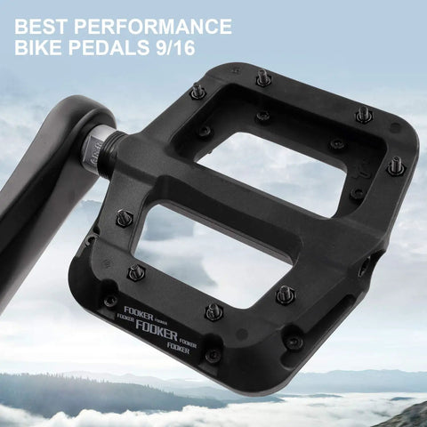MTB Pedals Built For Action Non Slip Platform Pedals 9/16 Inch shown with black nylon fiber material and CrMo spindle.
