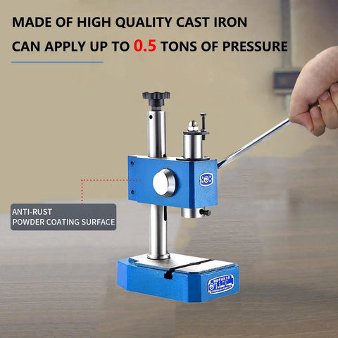 Shop Ready Heavy Duty Arbor Press Built Like A Tank With Ductile Iron Base And High Lift Design For Smooth Manual Punching And Metalwork Tasks, showing 0.5-ton cast iron press in use.
