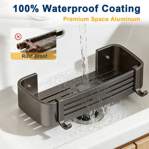No Drill Shower Caddy With Shelves And Hooks, Waterproof Rustproof Removable Shower Organizer for Bathroom and Kitchen shown in sink.