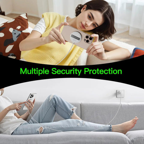 Woman using 15W MagSafe Charger Magnetic Wireless Pad For iPhone 17 16 15 14 13 12 Series with PD20W Block on couch