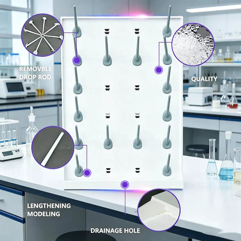 Heavy Duty Lab Drying Rack With Mobile Wheels For Easy Rolling Around The Bench Detachable Drip Rods Keep Your Glassware Spotless And Tidy For School Chem Or Clinical Research showing removable drop rods and drainage holes.