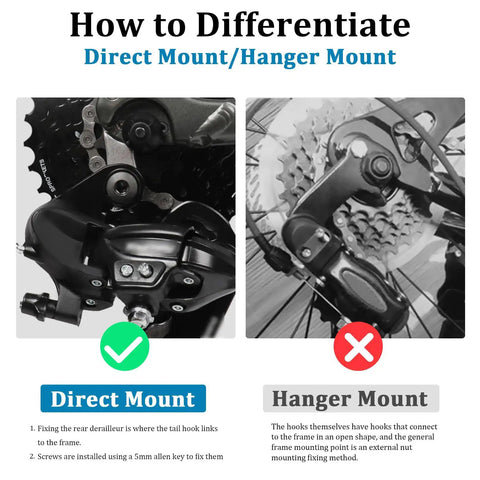 Comparison of direct mount vs hanger mount rear derailleur installation with focus on Rear Derailleur RD TY21B Six Seven Speed