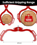 Log tongs, 28-inch red steel with serrated dual claws, 1200 lb capacity (front and side views).