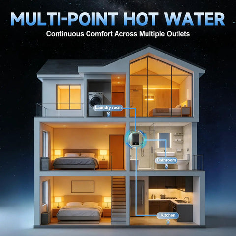 Diagram of multi-point hot water system featuring propane tankless water heater for seamless indoor hot water supply.