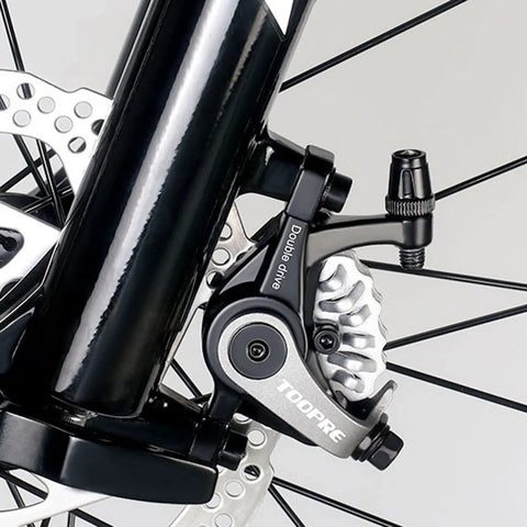 Heavy Duty Aluminum Alloy Disc Brake Kit For Electric And Mountain Bikes Featuring Dual Piston Hydraulic Calipers with black and silver detail.
