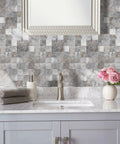 Peel And Stick Kitchen Backsplash Tile PVC Mixed Metal Look Volakas White Ten Sheets Strong Adhesive for a stylish bathroom wall.