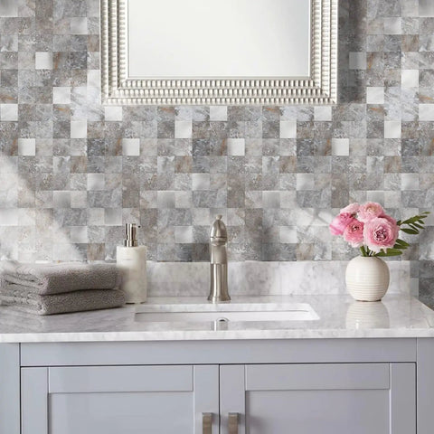 Peel And Stick Kitchen Backsplash Tile PVC Mixed Metal Look Volakas White Ten Sheets Strong Adhesive for a stylish bathroom wall.