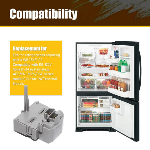 Easy Plug And Play Refrigerator Start Relay And Overload Protector Replacement with compatibility details and refrigerator image