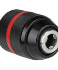Keyless Drill Chuck 1/2-20UNF Mount, Self Tightening Hand Drill Chuck Fits 1-13 mm Bits, black with red stripe side view