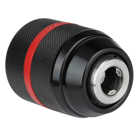 Keyless Drill Chuck 1/2-20UNF Mount, Self Tightening Hand Drill Chuck Fits 1-13 mm Bits, black with red stripe side view