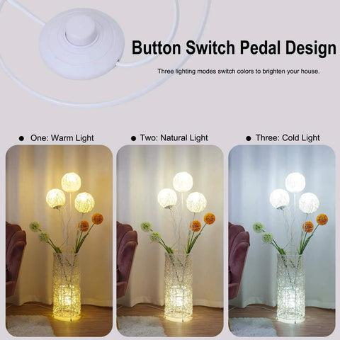 Pastoral LED Floor Lamp With Handwoven Rattan Flower Shade showing three lighting modes: warm, natural, cold, for cozy vibe.