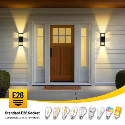 2 Pack Modern Outdoor Wall Lights Up And Down Aluminum Sconces IP65 Waterproof with E26 bulbs illuminating a porch entryway