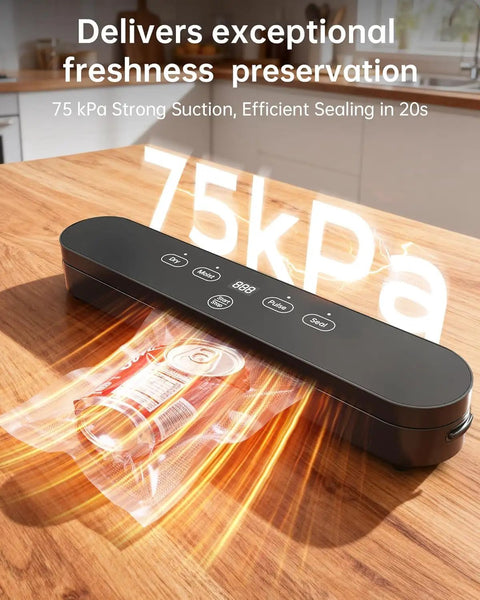 Compact Four In One Vacuum Sealer For Food With Digital Timer And 100W Motor in action sealing a can on wooden countertop