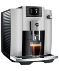 All In One Automatic Coffee Machine Grinds Tamps Brews Froths In Under 60 Seconds in platinum color with coffee cup