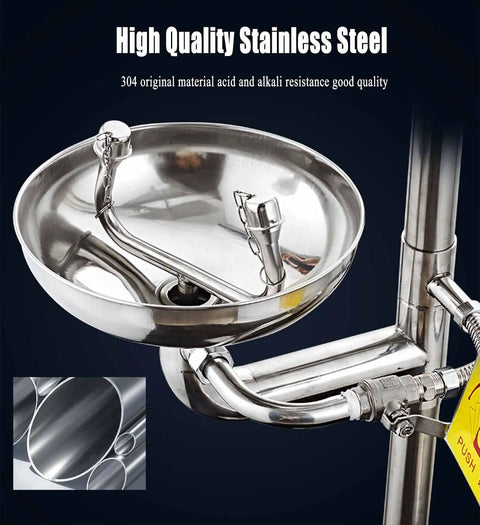 Close-up of 304 Stainless Steel Eye Washer Station with Emergency Eye Wash and Hand Push Shower, corrosion resistant.