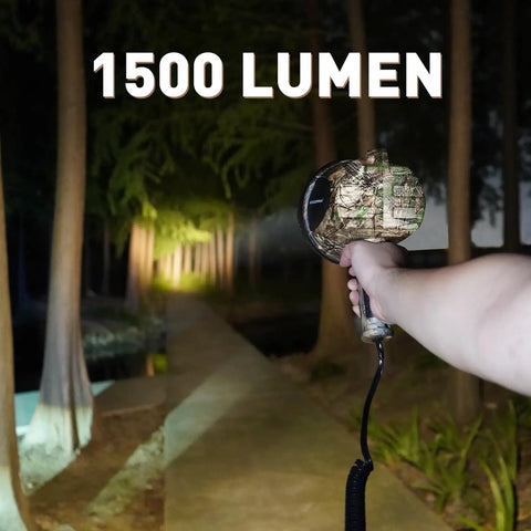 Hunting Spotlight 1500 Lumen Camouflage Handheld Corded 12V Spotlight With Realtree Xtra illuminating forest path