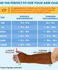 Kickass Genuine Cowhide Arm Chaps And Slip Resistant Sleeves Lock Down Tight size chart with measurements for fit.