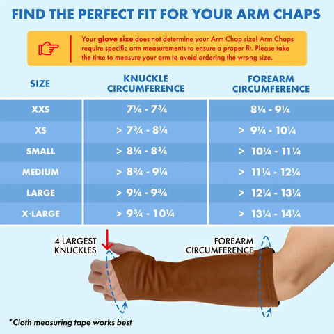Kickass Genuine Cowhide Arm Chaps And Slip Resistant Sleeves Lock Down Tight size chart with measurements for fit.