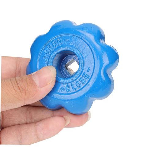 Close-up of blue handwheel from Six Piece Valve Handwheel Handles Set For Angle And Globe Valves Outdoor Ready Easy Install Smooth Polished Grips