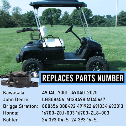 Side view of a golf cart with Budget-Friendly Fuel Pump With Filter For Small Engines 15Hp-25Hp Fits Kawasaki Kohler John Deere Honda Briggs Stratton Lawn Mowers And More Vacuum Style Replacement OE 808656 24 393 04 S shown in bottom inset.