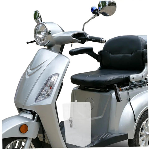 Tough As Nails Weatherproof Socket Box For E Bike Charger Shield mounted on electric scooter, showcasing white plastic housing.