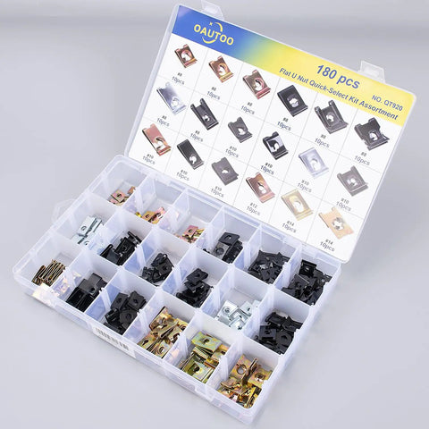 180 Piece Heavy Duty Auto Body Flat U Nut Clip Kit With 18 Popular Sizes arranged in a clear organizer box for easy access.