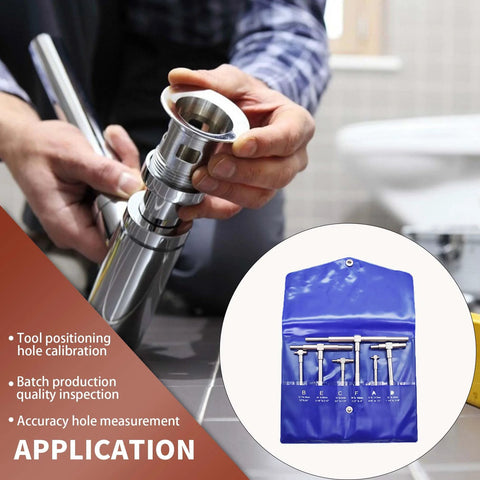 Telescoping Gage Set 6 Piece Five Sixteenths To 6 Inch Range Titanium Coated Steel Bore Gauges displayed in blue case and in use