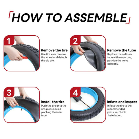 Assembly steps for self sealing and self healing 20x4.0-4.5 fat bike inner tube with AV32mm Schrader valve, puncture protection.