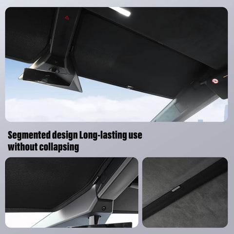 Two-piece sunshade set for Tesla Cybertruck interior roof; black fabric, nano-reflective heat-insulating, UV protection