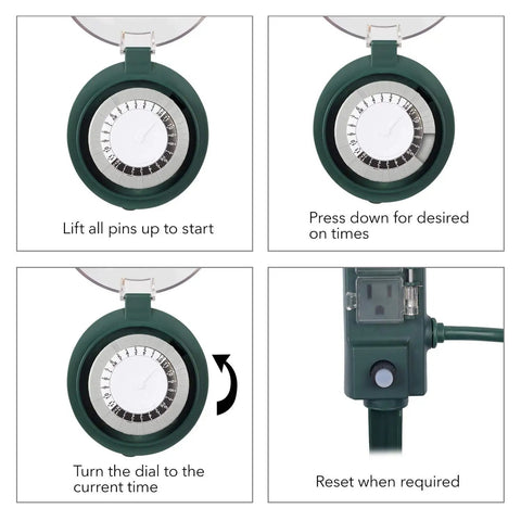 Heavy Duty Outdoor Power Stake Timer With Six Grounded Outlets And Six Foot Cord Weatherproof Mechanical Dial for setting times.