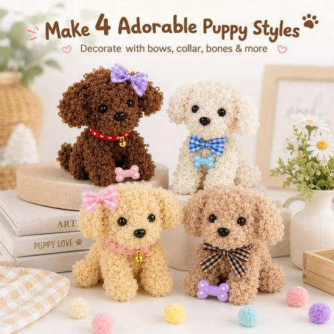 Extra Long Fluffy Chenille Pipe Cleaners Craft Kit 57-Piece Set With Colors, Noses, Eyes, Pom Poms, Collars, Bows And Decor Accessories For Totally Kid Friendly DIY Puppy And Animal Art Projects, four puppy styles