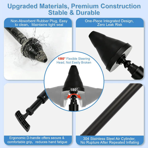 Heavy Duty Air Pressure Toilet Plunger That Will Blast Through Stubborn Kitchen Sink Or Floor Drain Clogs Fast with rubber plug and stainless steel air cylinder.